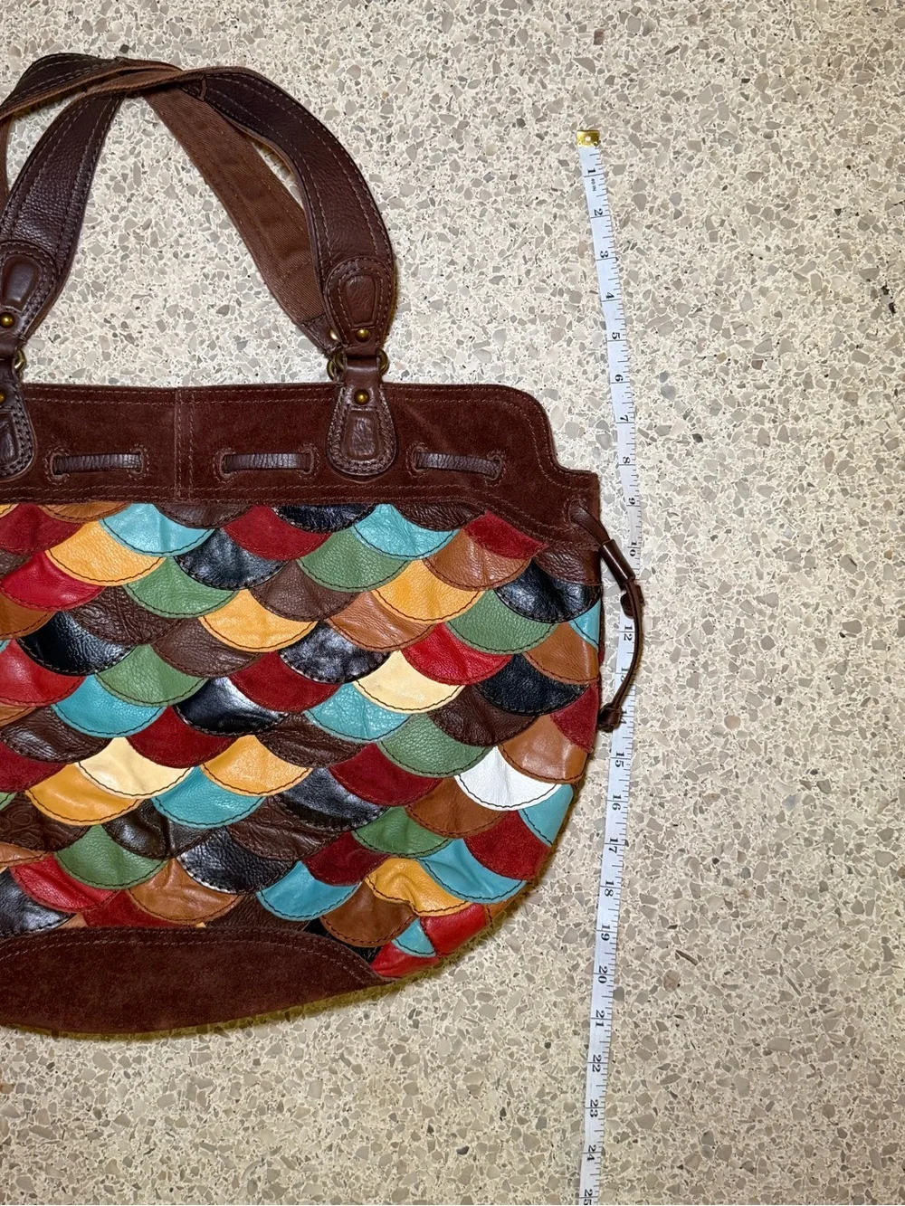 Vintage Lucky Brand Multicolor Scallop Patchwork Leather Tote - Brown Trim